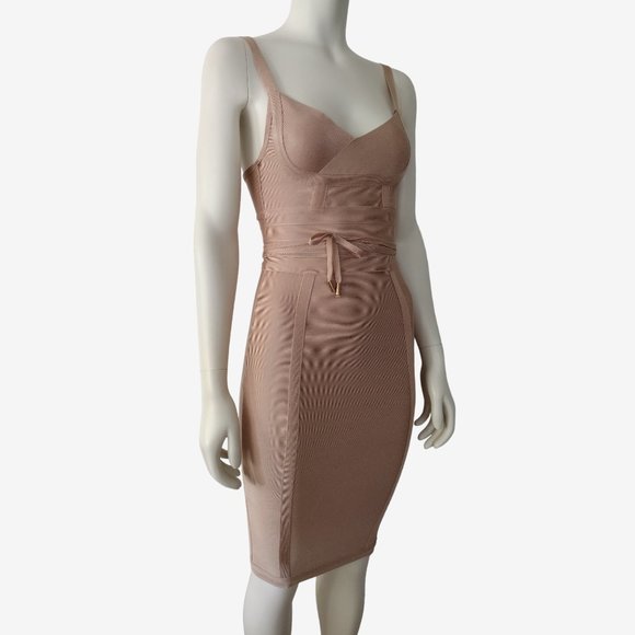 Fashion Nova Nude String Belt Sweetheart Neck Bodycon Bandage Dress - Picture 7 of 14